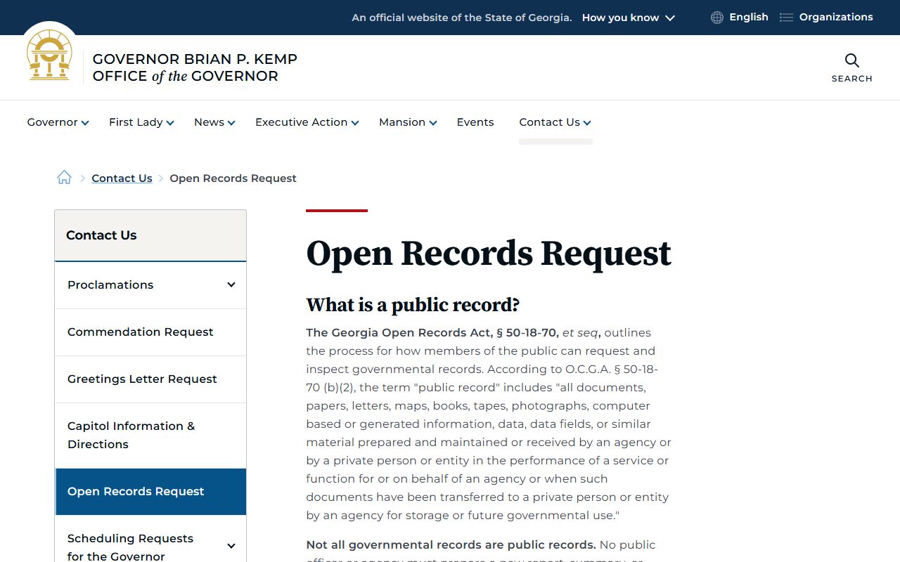 Georgia open records page for Calhoun County Clerk record requests