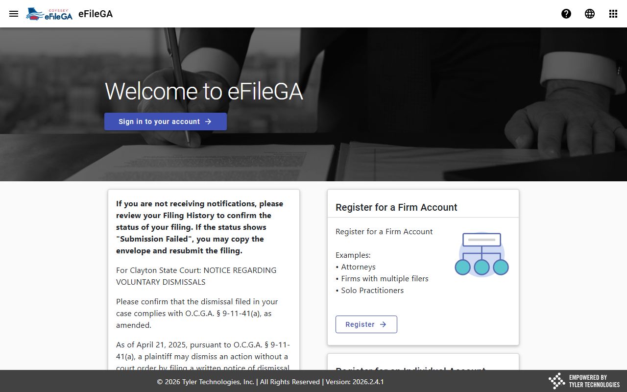 Calhoun County court records Tyler eFileGA landing page