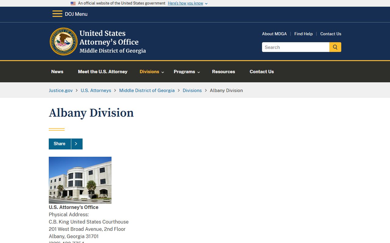 U.S. Attorney Albany Division federal distinction for Calhoun County Superior Court