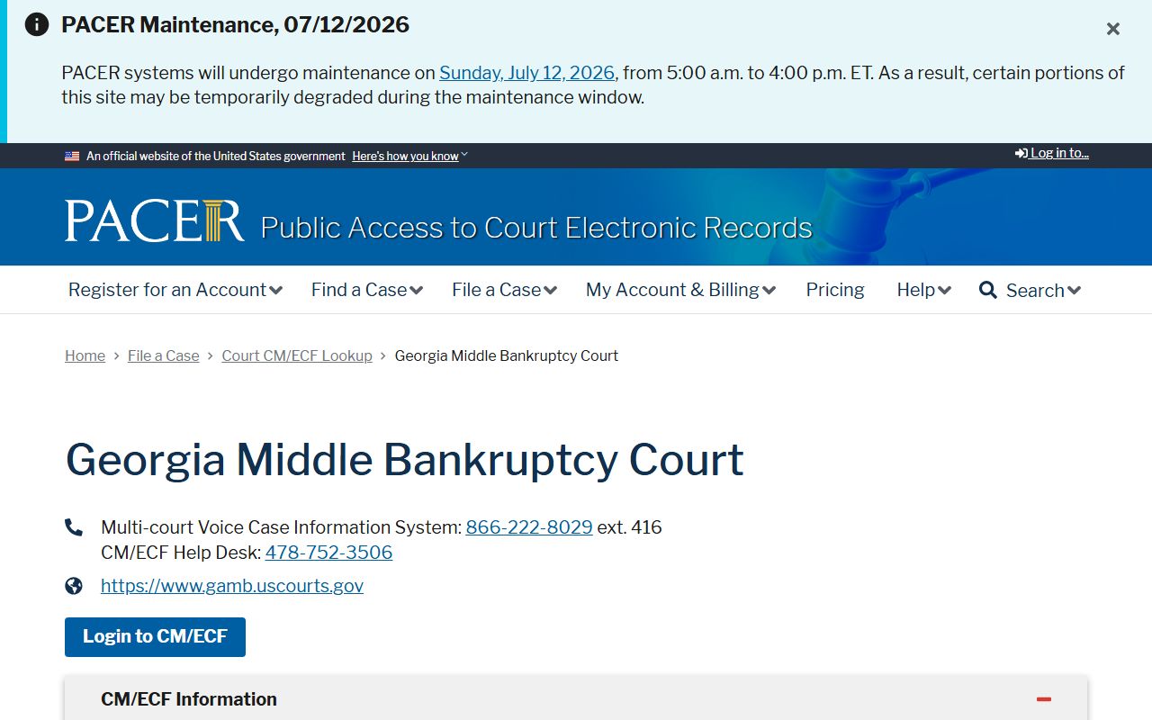 PACER Georgia Middle Bankruptcy lookup for Calhoun County federal cases